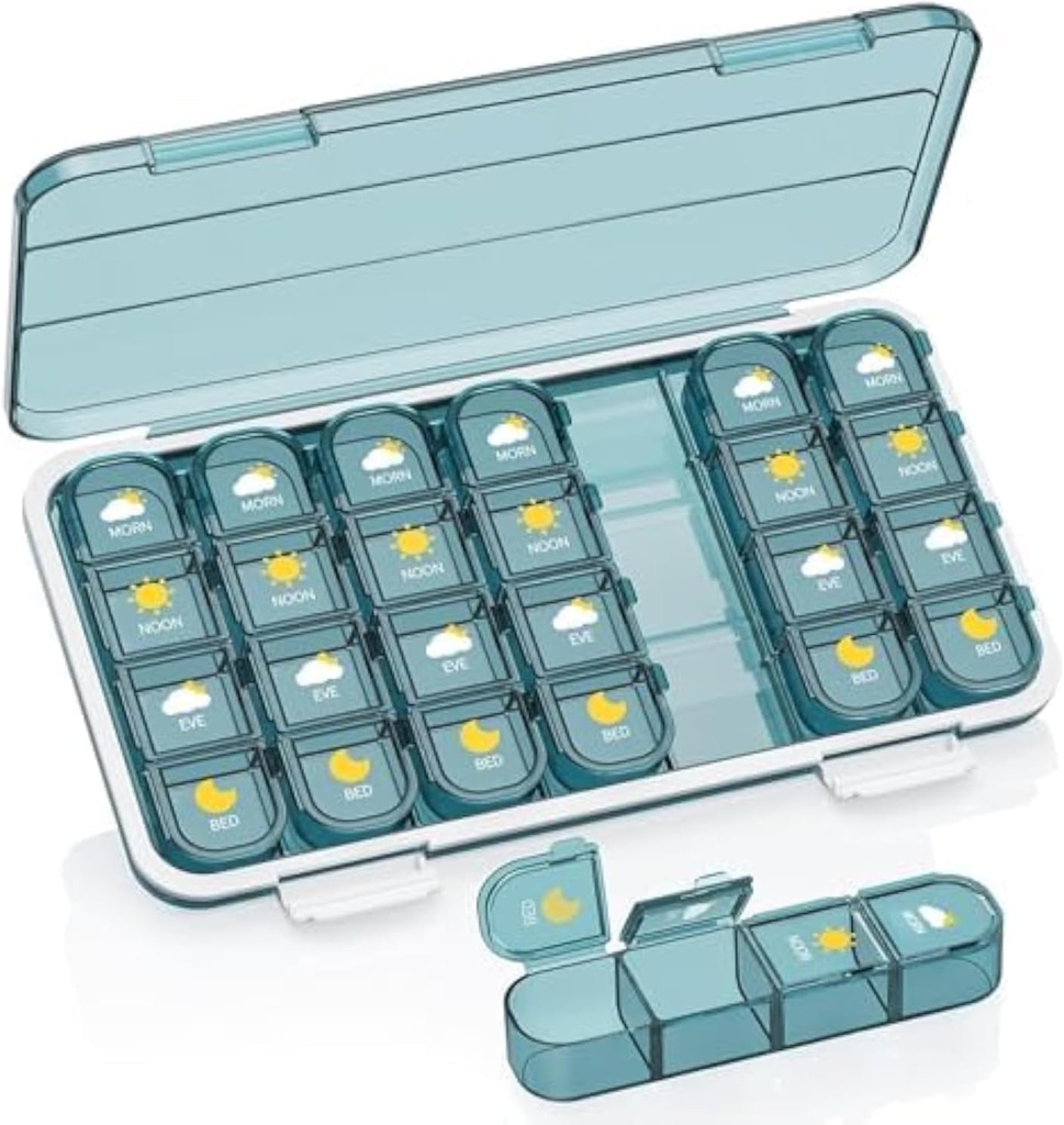 Pill Organizer 4 Times A Day, Pill Box 4 Times A Day 7 Day - Acedada Weekly Medicine Box Organizer with Ayrı Case, Portatif Günlük Pill Konteyner Yapıştırıcıları, Fish Oils, Supplements, Blue Vitamin, Fish Oils, Supplements, Blue