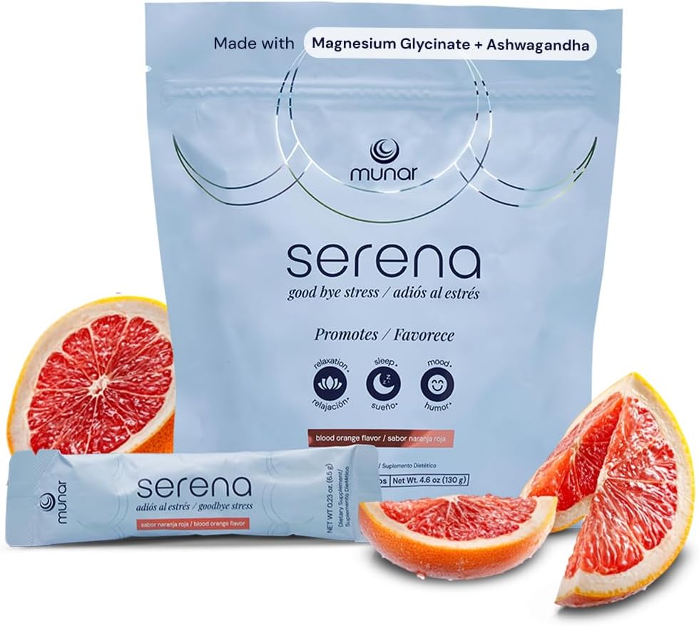 Munar Serena Μαγνήσιο μείγμα ποτών, πορτοκάλι αίματος, γλυκινικό μαγνήσιο και Ashwagandha συμπλήρωμα, L Theanine – Ήρεμη υποστήριξη, ανακούφιση στρες, Mood Boost, και βοήθεια ύπνου – 20 On-The-Go Stick συσκευασίες