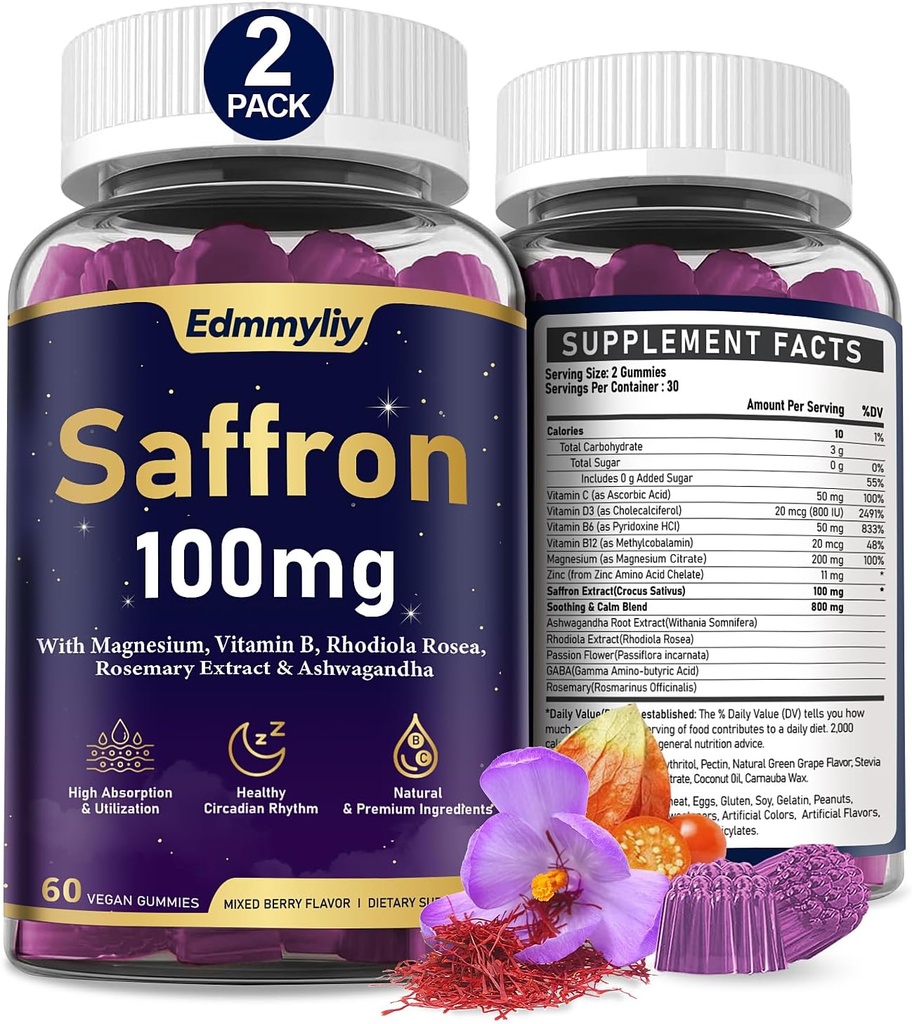 Yetişkin için Saffron Supplements Gummies - Organik Saffron, Magnezyum, Ashwagandha, Rhodiola Rosea, Rosemary ve Vitaminler - Olumlu Mood & Focus - Sugar Free & Vegan