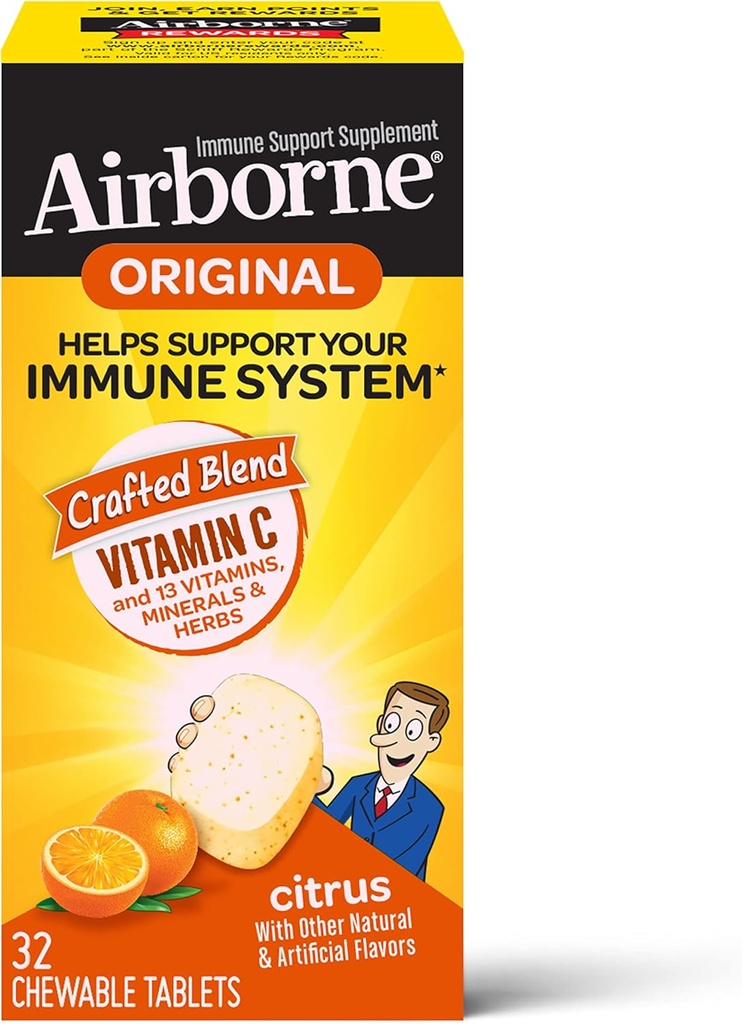 Airborne C 1000 mg (per Servis) Citrus Chewable Tabletler (32 Bir Kutuda Kont), Gluten-Free Immune Support Supplement, A C E, ZINC, Selenium, Echinacea & Ginger, Antioksis