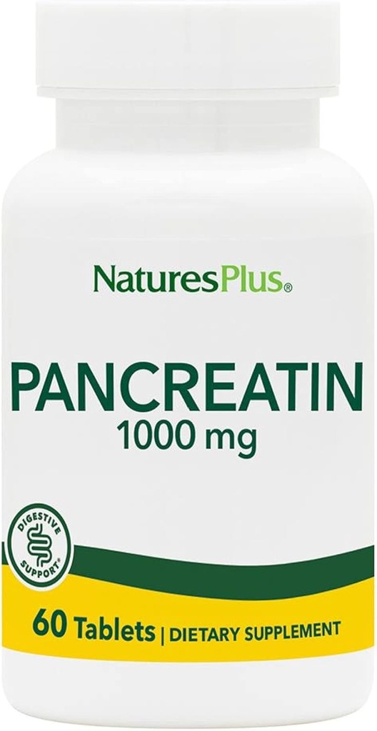 Natures Plus Pancreatin - 1000 mg, 60 δισκία - Φυσικό Digestive Enzyme Συμπλήρωμα για τη Γαστρεντερική Υποστήριξη - Περιέχει αμυλάση, Πρωτεάση & Λιπάση - Χωρίς γλουτένη - 60 σερβιρίσματα