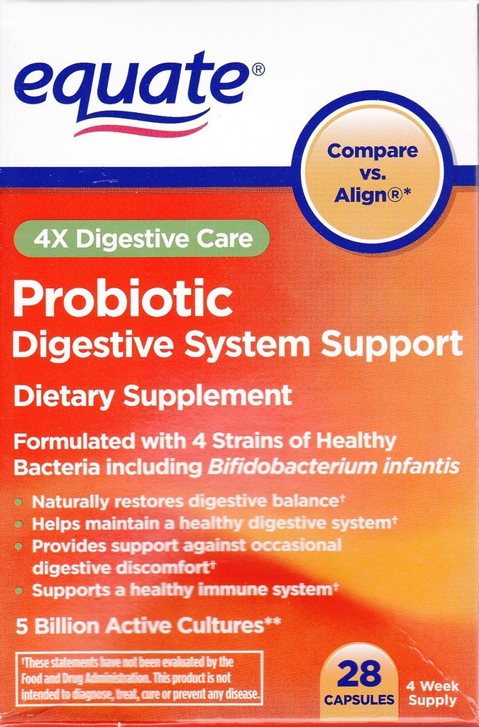 Equate - Probiyotik, Digestive System Support, 4X Digestive Care, 28 Capsules (Compare vs. Align)