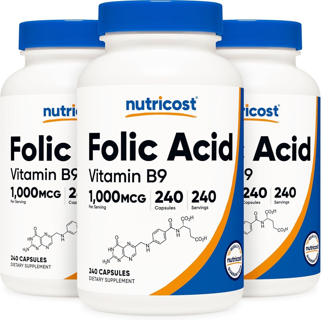 Nutricost Folic Acid (Vitamin B9) 1000 mcg, 240 Capsules (3 Şişe)
