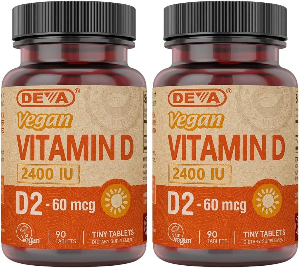 DEVA Vegan Vitamin D2 60 mcg 2400 IU, Ergocalciferol Supplement with No Animal Materialss, 90 Tablet (Pack of 2)