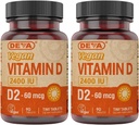 DEVA Vegan Vitamin D2 60 mcg 2400 IU, Ergocalciferol Supplement with No Animal Materialss, 90 Tablet (Pack of 2)