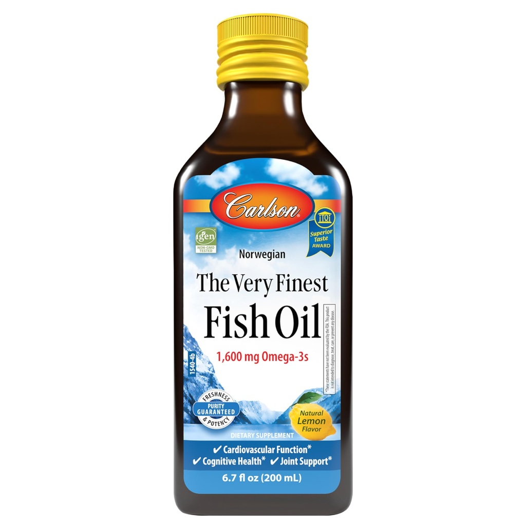 Carlson - The Very Finest Fish Oil, 1600 mg Omega-3s, Liquid Fish Oil Supplement, Norveç Fish Oil, Wild-Caught, Sustainable Sourced Fish Oil Liquid, Lemon, 200 ml, 6.7 Fl Oz Oz Oz