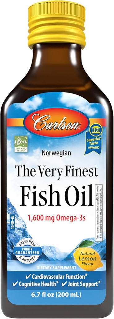 Carlson - The Very Finest Fish Oil, 1600 mg Omega-3s, Liquid Fish Oil Supplement, Norwegian Fish Oil, Wild-Caught, Sustainablely Soured Fish Oil Liquid, Lemon, 200ml, 6.7 Fl Oz