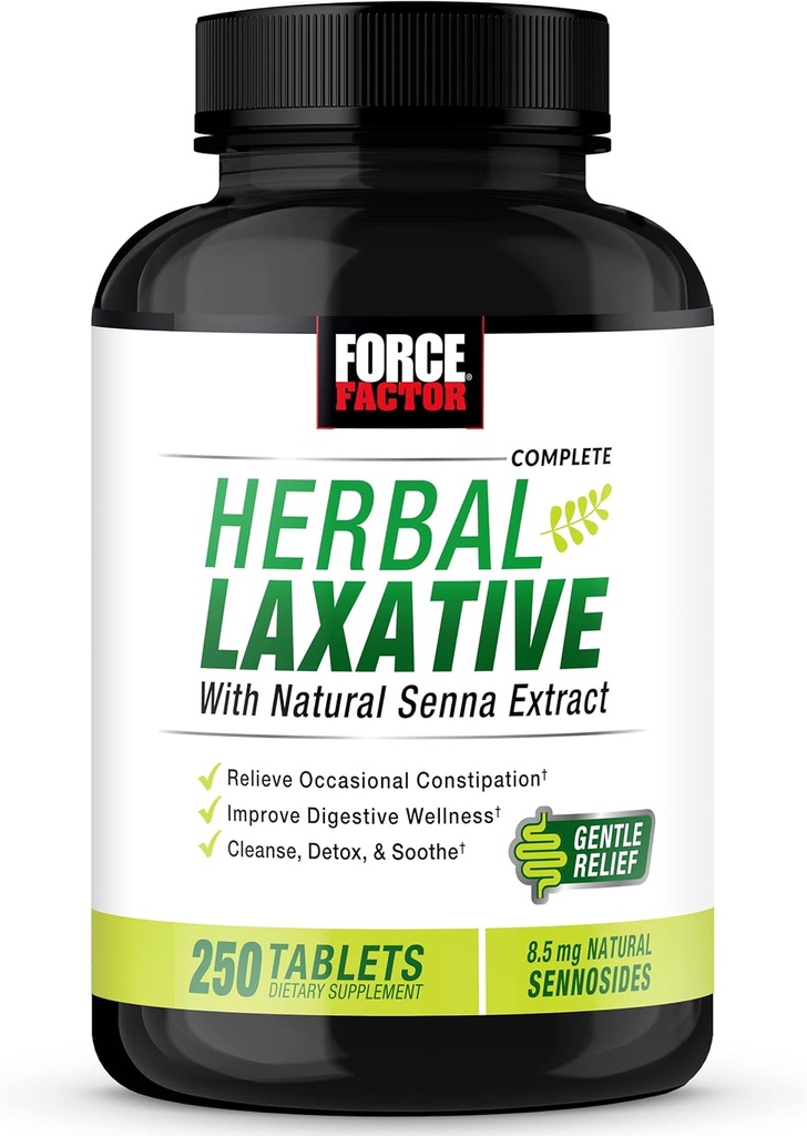 FORCE FACTOR Herbal Laxative for Constipation Relief for Yetişkinler, Digestion Supplement Made with Senna to Cleanse, Detox, and Soothe, Laxatives for Constipation for Women and Men, 250 Tablets