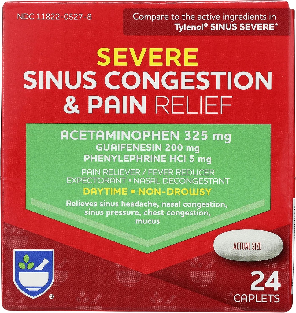 Rite Aid Daytime Severe Sinus Congestion & Pain Relief - Acetaminophen, 325 mg - 24 Caplets | Multi-Symp Non-Drowsy | Relief | Cold and Flu | Cold & Sinus Medicine for Yetişkinler