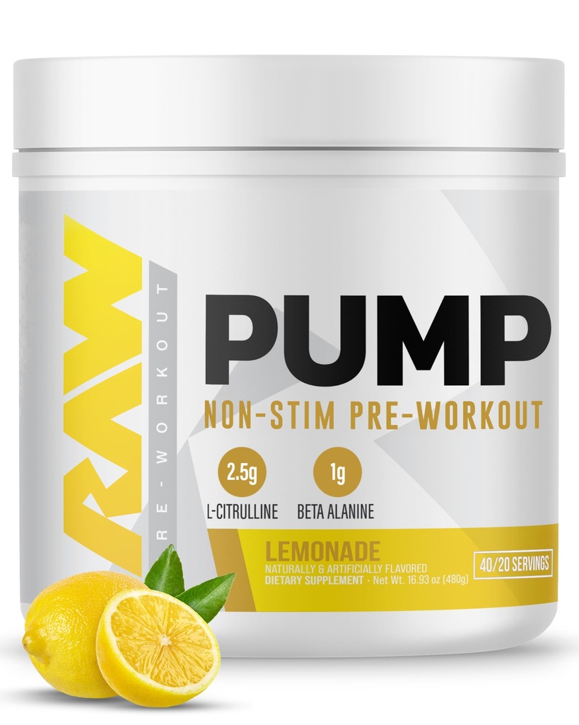RAW Pump Stim Free Pre Workout (Lemonade) - Non-Smint Pre Workout Supplement Toz Nitric Hoffman - Pre Workout Supplements Drink for during Workout - 40 Servisler