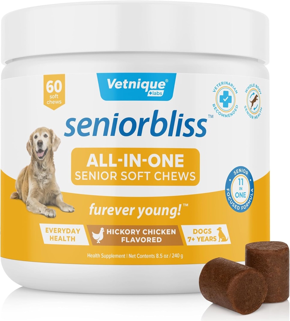 Vetnique Seniorbliss Senior Dog Multivitamin with Glucosamine, Omega 3 Fish Oil, and Probiyotiks - For Dog Commons, Digestive and Immune Support for Optimal Health (All-in-One Daily, 60 Ct)