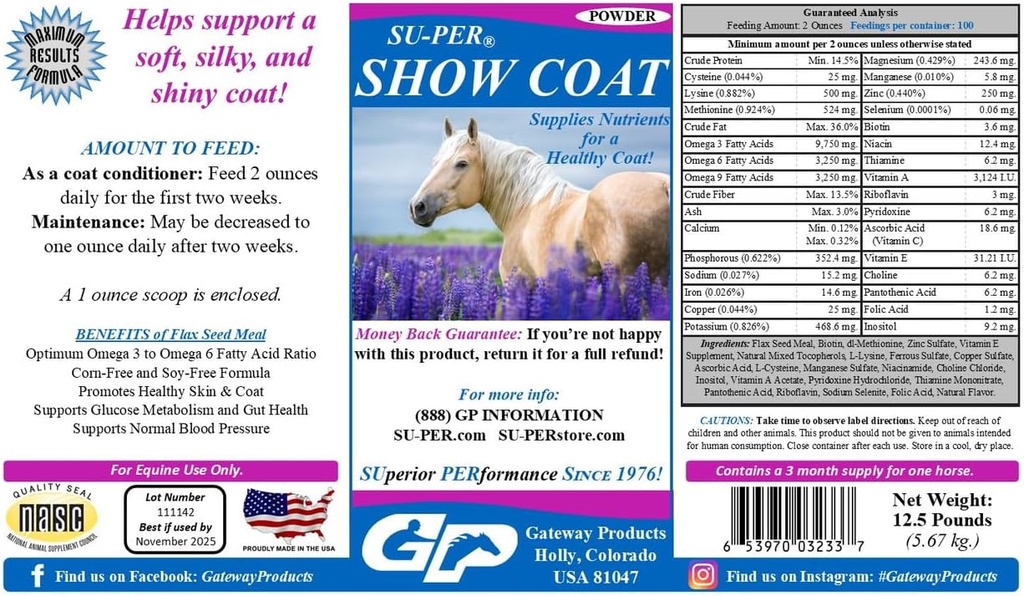 SU-PER Show Coat Supplement for Horses - Supports Soft, Silky, ve Shiny Coat - Faster Mane and Tail Growth - Amino Asits, B-Complex Vitaminler ve Mineraller - 12.5 Pound, 3 Ay Supply