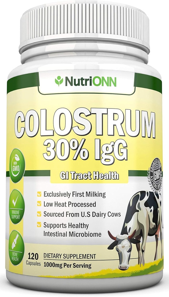 Colostrum - 1000mg - 120 κάψουλες - 30% IgG - Μη ΓΤΟ ΗΠΑ Γαλακτοκομικά - Πρώτη Άρμεξη Βοοειδή Colostrum - Χαμηλή Θερμότητα Επεξεργασμένο - Μεγάλη για την Ελκυστική Υγεία - Ανοσοποιητική Υποστήριξη - Οστά και Μυική Υγεία