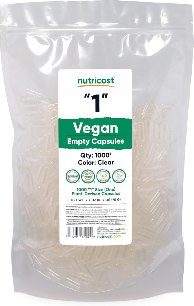 Nutricost Boş Kapsüller 1 Vegan - 1.000 Clear Boş Plant-Based Capsules - Kosher sertifikalı, Hell sertifikalı, Non-GMO, Soy Free, Gluten Free, Vegetarian Capsules