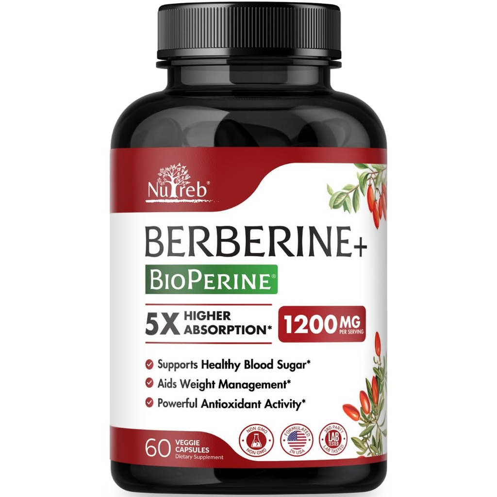 Berberine Supplement 1200 mg - 5X Yüksek Aborpsiyon - Ultra Pure 98 Berberine HCL - Sağlıklı Kilo Yönetimi, Immune Support - Non GMO, ABD'de Üretildi - 60 Vegan Capsules