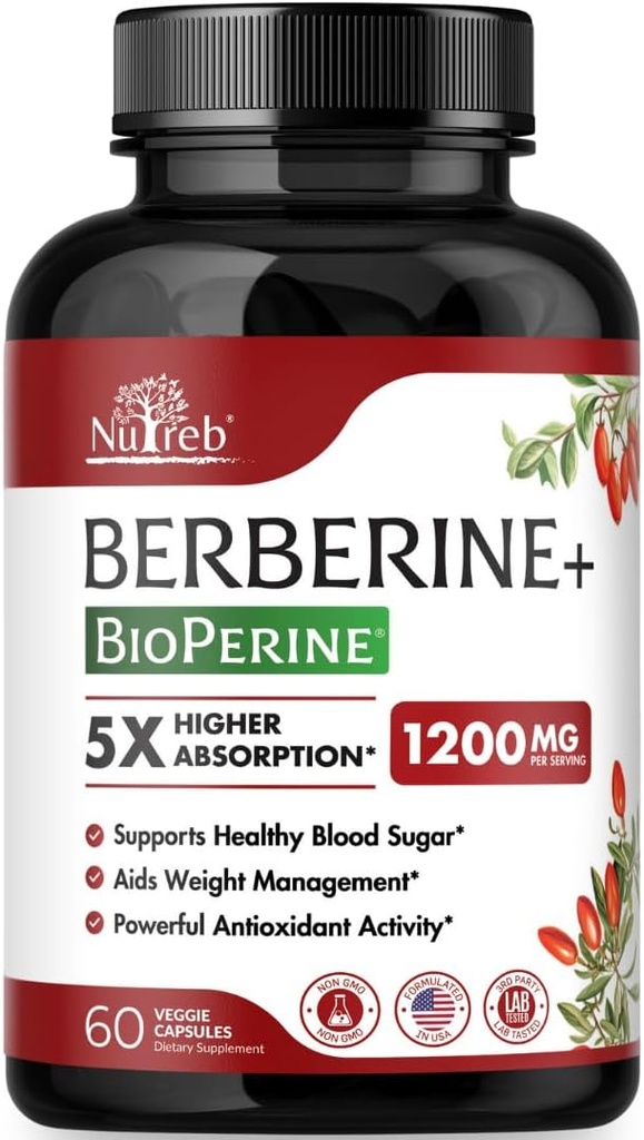 Berberine Supplement 1200 mg - 5X Yüksek Aborpsiyon - Ultra Pure 98 Berberine HCL - Sağlıklı Kilo Yönetimi, Immune Support - Non GMO, ABD'de Üretildi - 60 Vegan Capsules