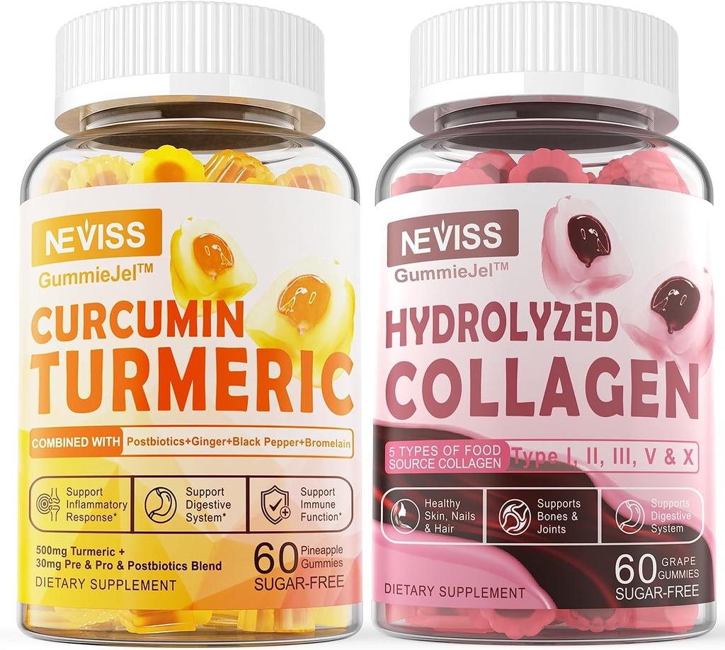 Şeker Free Collagen Gummies + Sugar Free Turmeric Curcumin Filled Gummies, Sağlıklı Cilt Saç Çığ, Bone & Ortak Destek, Immune & Digestive Health