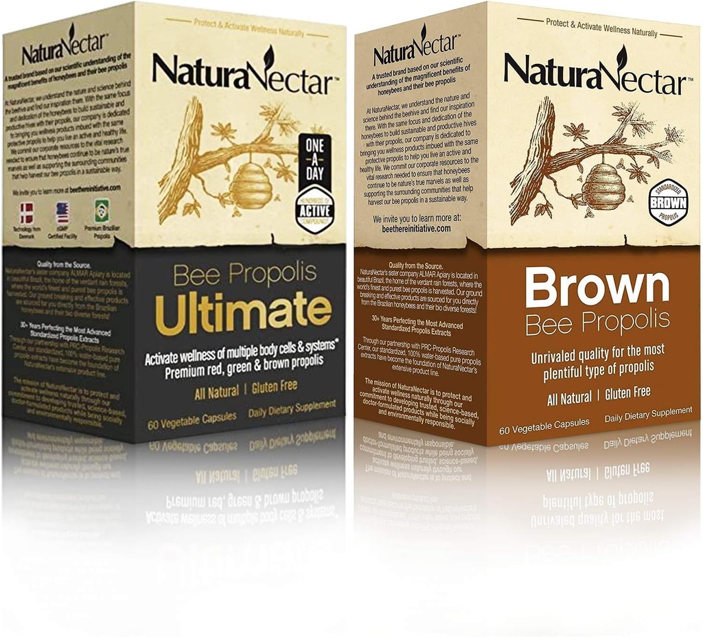NaturaNectar Natural Bee Propolis Sche - Bee Propolis Ultimate ve Brown Bee Propolis - Immune, Cardiovascular ve Respiratory Systems Desteği - Şişe başına 60 Capsules