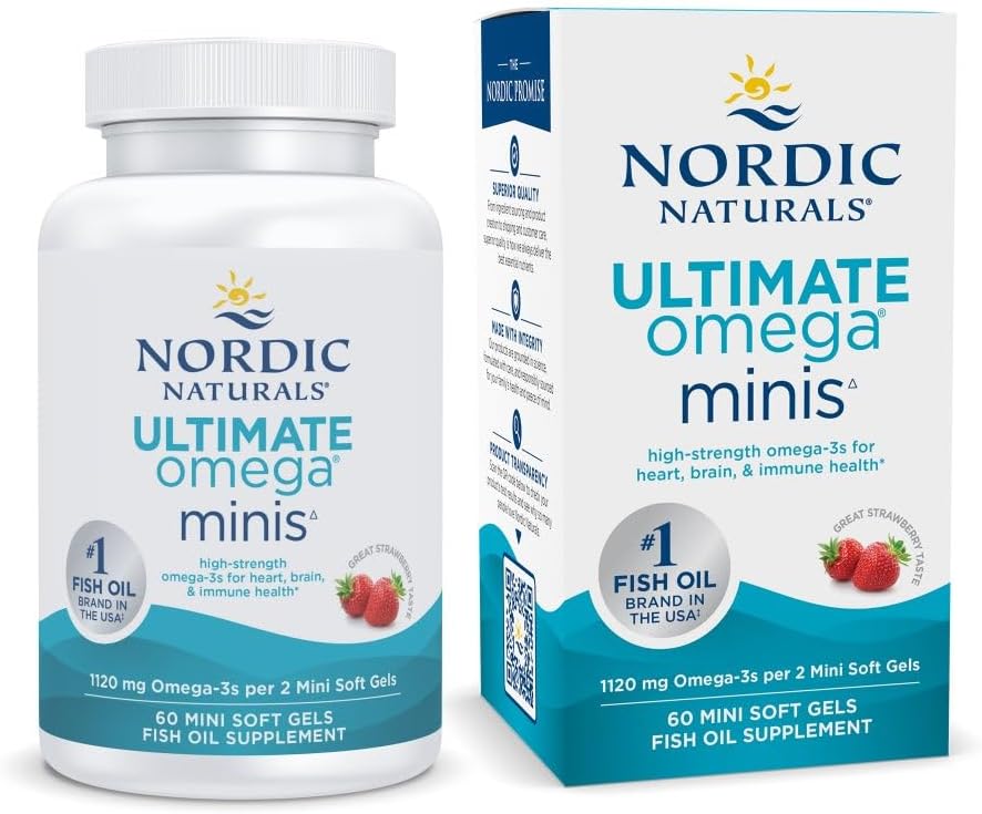 Nordic Naturals Ultimate Omega Minis, Strawberry Flavor - 60 Minis Soft Gels - 1120 mg Omega-3 - Yüksek Lisans Balık Petrol Tamamı - EPA & DHA - Beyin & Kalp Sağlığını Destekler - 30 Hizmetler