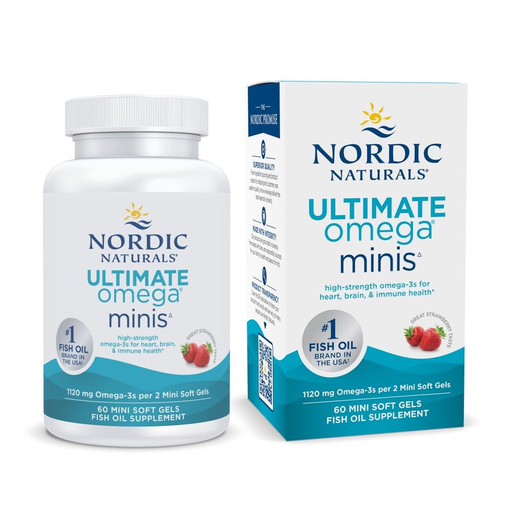 Nordic Naturals Ultimate Omega Minis, Strawberry Flavor - 60 Minis Soft Gels - 1120 mg Omega-3 - Yüksek Lisans Balık Petrol Tamamı - EPA & DHA - Beyin & Kalp Sağlığını Destekler - 30 Hizmetler