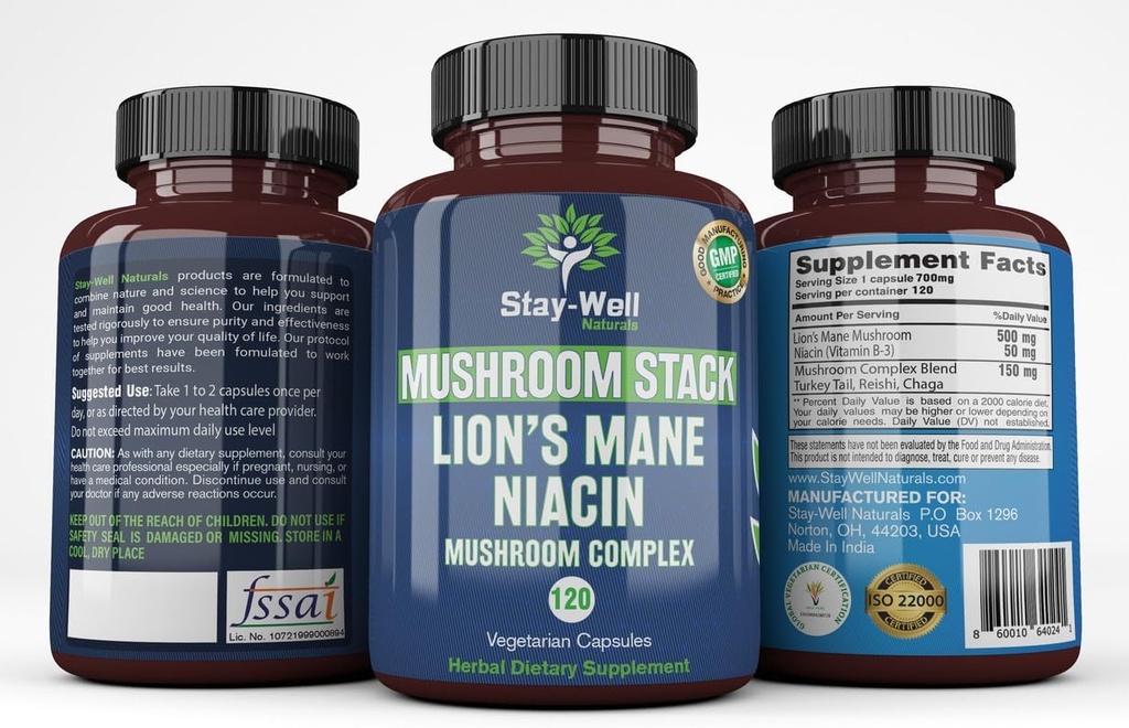 Aslan Mane Mushroom Supplement Capsules with Niacin | Mushroom Complex Capsules, Türkiye Tail Mushrooms, Chaga Mushroom and Reishi Mushroom Extract, Mushroom Supplement Capsules