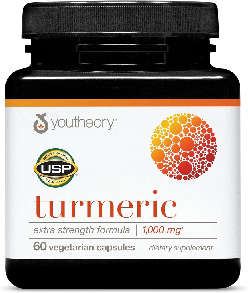 Youtheory Turmeric Extra Strength - 1. 000 mg - Υποστηρίζει τον εγκέφαλο, τους μυς και την κοινή υγεία* - Περιέχει βιοενεργούς, κουρκουμινοειδή & εκχυλίσματα βοτάνων - USP Επαληθευμένο - 60 κάψουλες χορτοφάγων (30-Day Supply)
