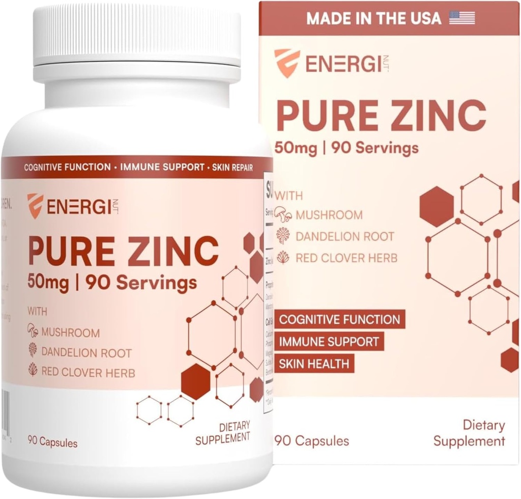 ENERGI Zinc Blend με βιταμίνη Α, B-3 & B-6, συμπλήρωμα υποστήριξης του ανοσοποιητικού με Marshmellow Root, εκχύλισμα ρίζας δαντελίων & Shiitake Mushroom, 90 κάψουλες συμπληρωμάτων ψευδαργύρου