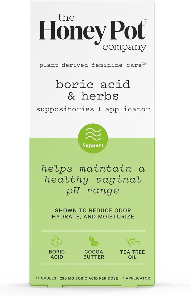 The Honey Pot Company 7 Day Boric Acid & Herbs Suppositories - Διατηρεί και Ισορροπεί Υγιεινό Κολπικό pH, Διαχειρίζεται Odor, Hydrates, & Ενυδατώνει - Gynecologist Tested