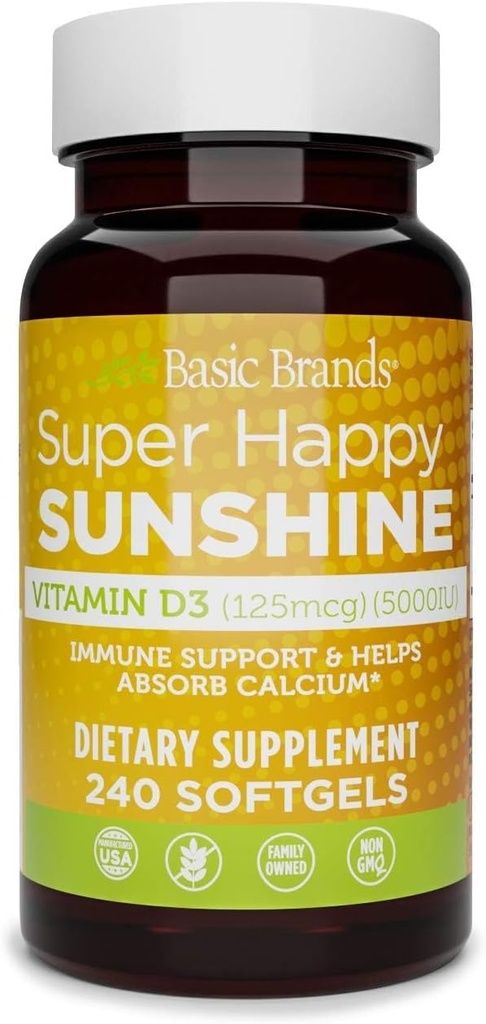 Temel Brands Super Happy Sunshine Vitamin D3 5000IU, 240-say (Pack of 1)