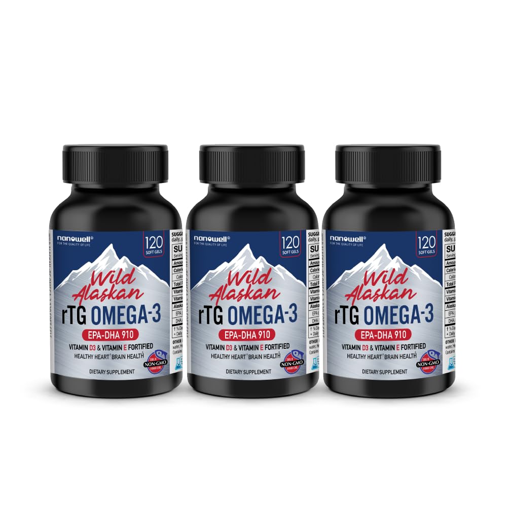 NANOWELL Wild Alaskan rTG Omega-3 Fish Oil 1196 mg - EPA, DHA, D3 & E - 120 Softgels x 3 Şişe (360) Kont