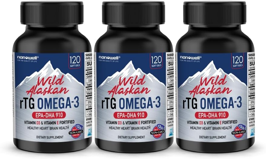 NANOWELL Wild Alaskan rTG Omega-3 Fish Oil 1196mg - EPA, DHA, βιταμίνη D3 & E - 120 Softgels x 3 μπουκάλια (360 Count)