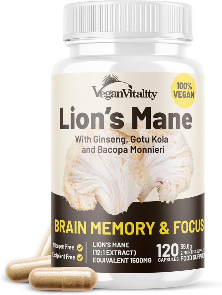 Vegan Vitality Lions Mane συμπλήρωμα κάψουλες - Nootropic συμπλήρωμα υποστήριξης εγκεφάλου, Lions Mane Mushroom Extract κάψουλες - 120 Vegan Bakopa Monnieri, Gotu Kola, Ginseng