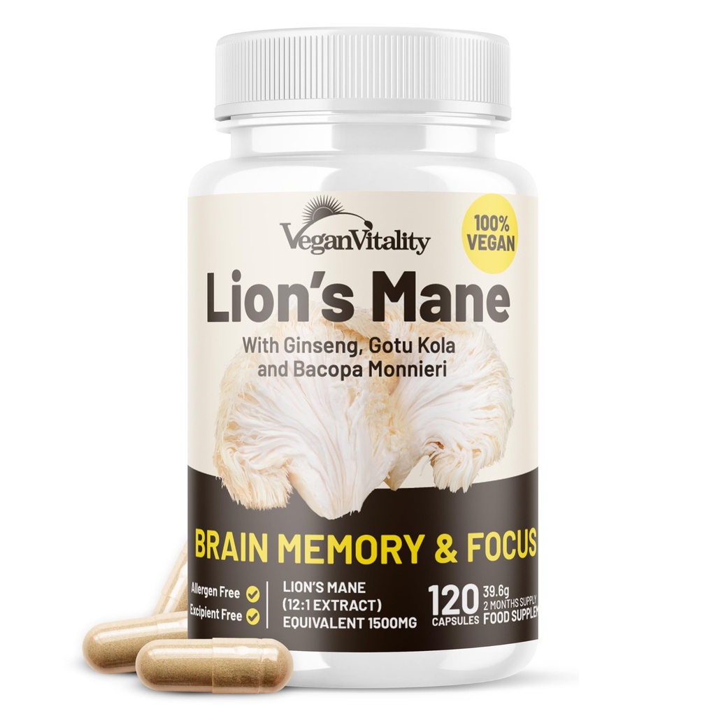 Vegan Vitality Lions Mane Supplement Capsules - Nootropic Brain Support Supplement, Lions Mane Mushroom Extract Capsules - 120 Vegan Bacopa Monnieri, Gotu Kola, Tottenham