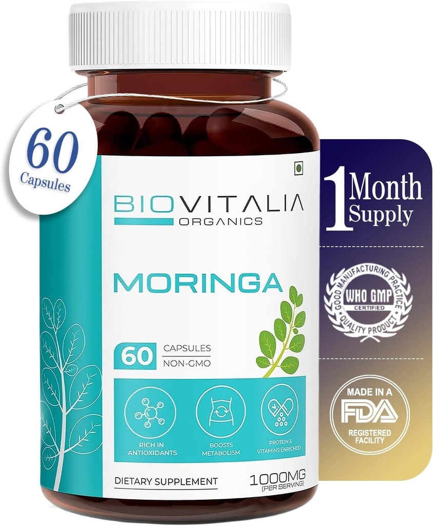 Biovitalia Moringa 1000 mg | Genel Sağlık ve Sağlıkta Yardım | Immunity Alert | Boost Metabolism ve Digestion | Skin & Hairs için İyi - 60 Vegan Capsule