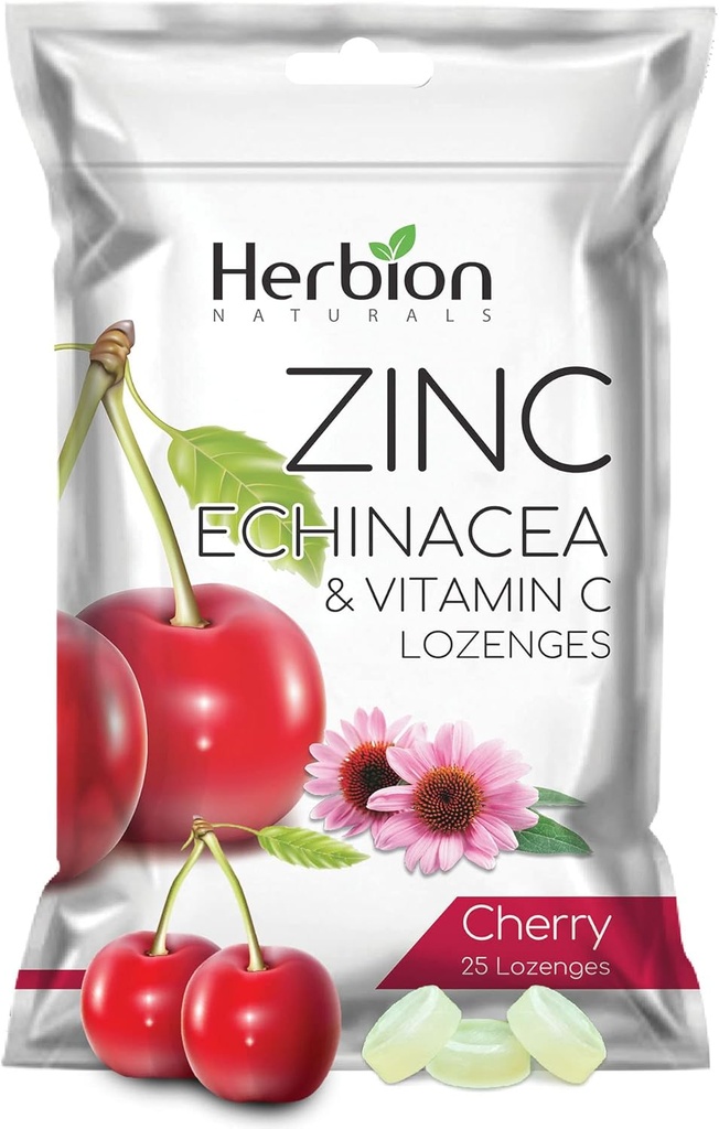 HERBION Naturals çinko, Echinacea & Vitamin C Lozenges 25 CT, Diyetsel Supplement for Yetişkinler & Çocuklar 5+, Tüm Aile için Sağlık, 25, Kont Cherry, 1 Paket