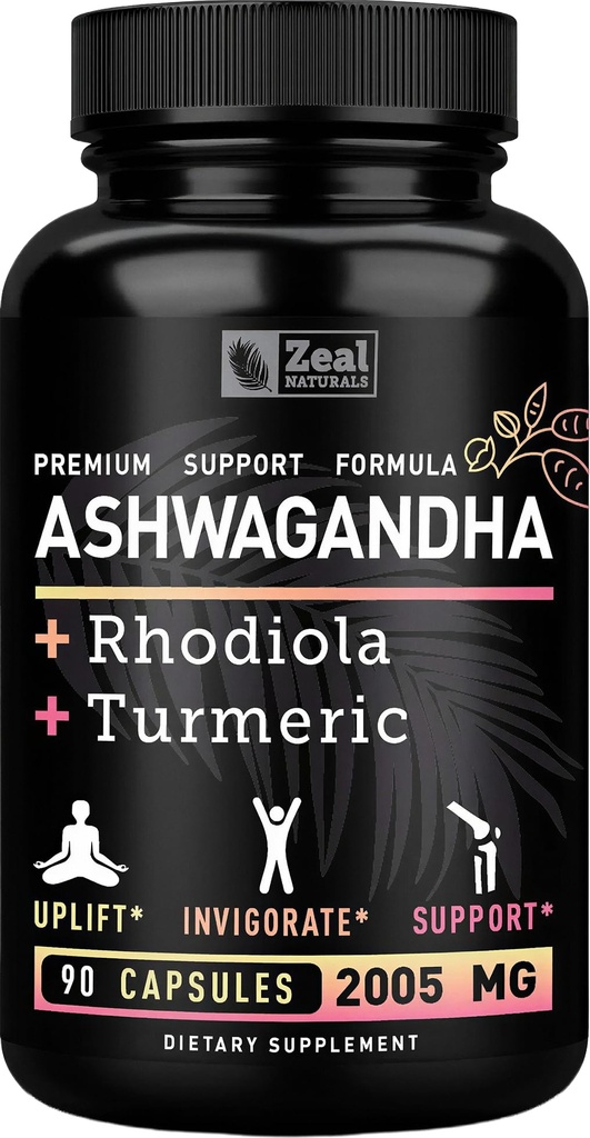Ashwagandha Kompleksi - Organik Ashwagandha Root Toz + Rhodiola Rosea + Turmeric - Premium Destek Formula - Ashwagandha Capsules Supplement
