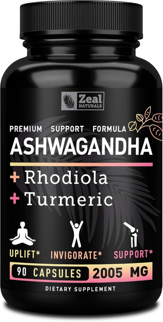 Ashwagandha Kompleksi - Organik Ashwagandha Root Toz + Rhodiola Rosea + Turmeric - Premium Destek Formula - Ashwagandha Capsules Supplement