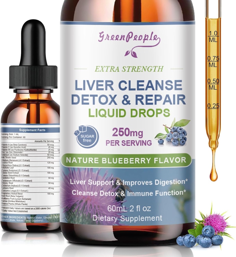 GREENPEOPLE Liver Cleanse Detox & Drop Tamirs - Liver Supplement w/Milk Butle Silymarin, Artichoke & Dandelion for Liver Detox & Support- 16x Potent Herb-Nutrients - 2Fl Oz Blueberry Flavor