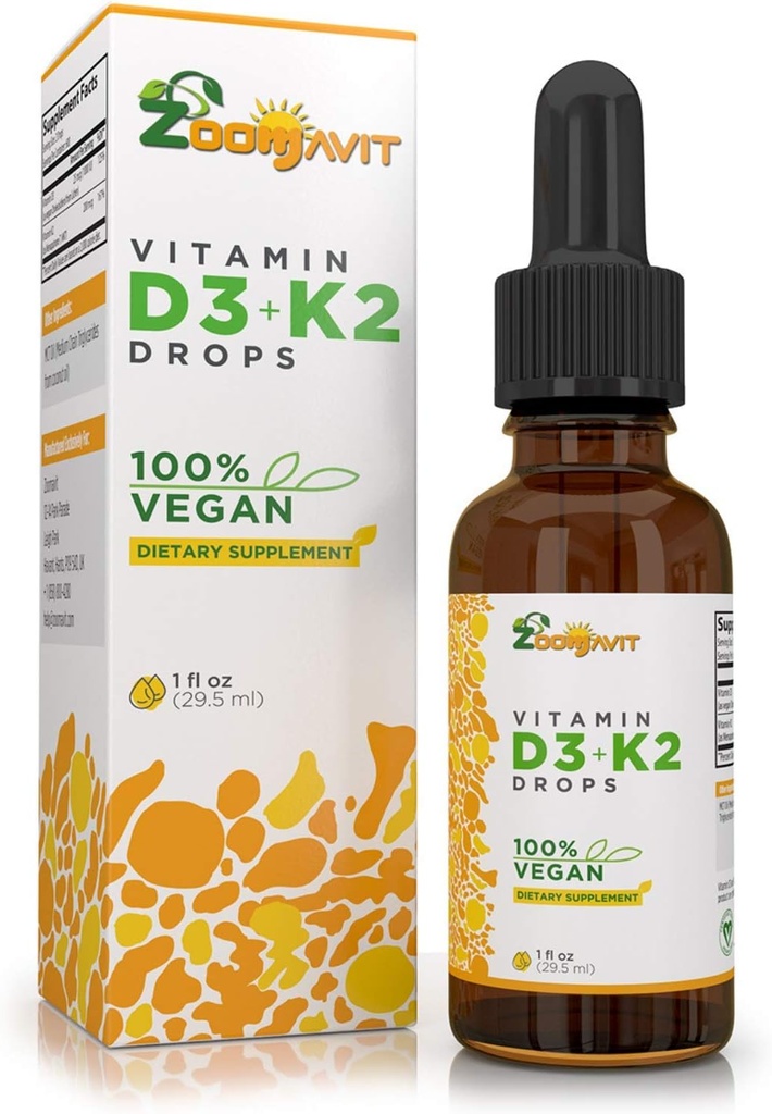 Vegan Liquid Drops Βιταμίνη D3 K2 (MK7) - 100% Φυτική βάση Υγρή βιταμίνη D Ενισχυμένη με λάδι καρύδας για μέγιστη απορρόφηση - 1 Serving = 1000 IU VIT D3 και 200 mcg VIT K2