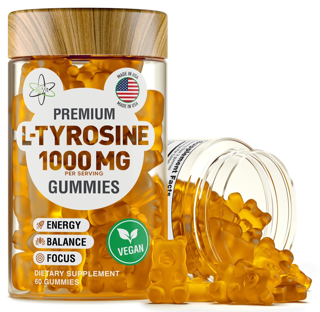 BioVit L Tyrosine Gummies - Aktif Amino Asit L Tyrosine Supplement - Natural Focus, Mood and Energy Supplement for Kids & Yetişkinler - L-Tyrosine 1000MG per Gummy - 60 Vegan Gummies
