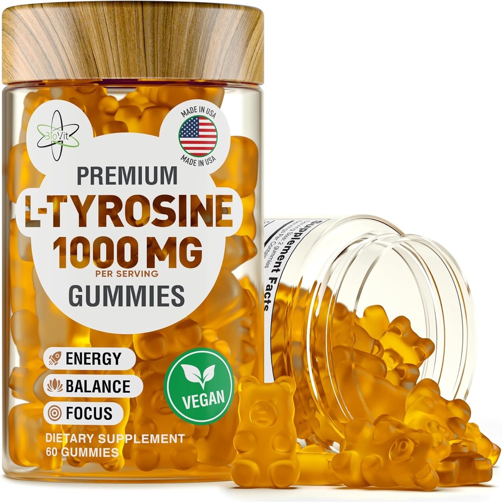 BioVit L Tyrosine Gummies - Aktif Amino Asit L Tyrosine Supplement - Natural Focus, Mood and Energy Supplement for Kids & Yetişkinler - L-Tyrosine 1000MG per Gummy - 60 Vegan Gummies