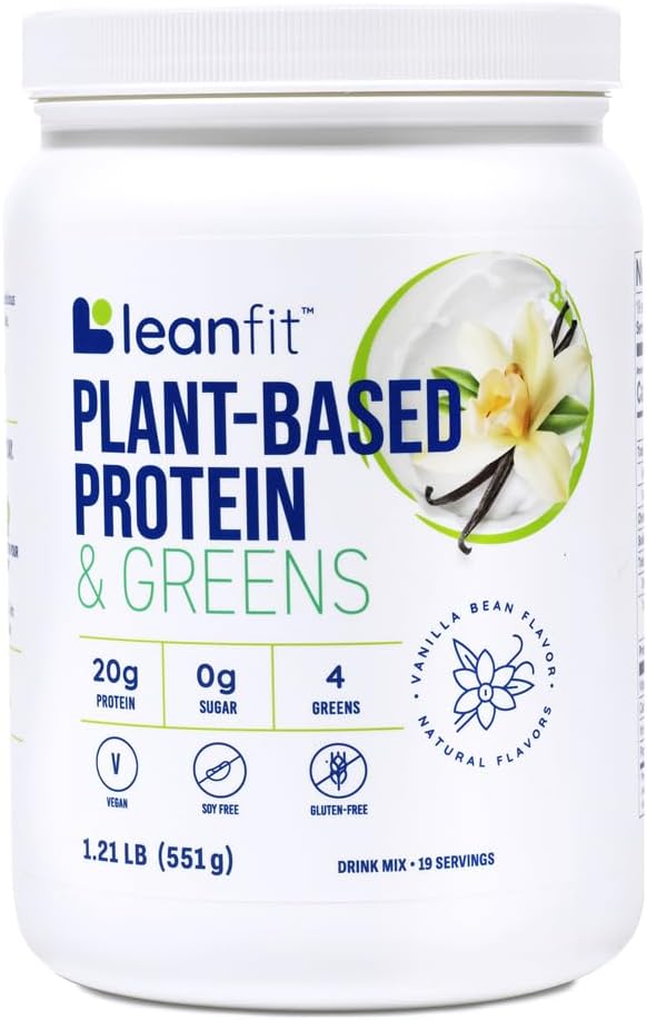LeanFit Plant-Based Protein & Greens Natural Vanilla – 20g Plant Protein + 4 Leafy Greens Per Servis - Vegan, Gluten-Free, Soy-Free, No Sugar – 19 Hizmet, 1.21 Pound Tub