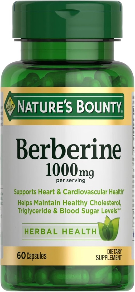 Nature's Bounty Berberine 1000 mg Capsules, Supports Heart Health, Cholesterol & Blood Sugar Levels in a Normal Range, Non-GMO Supplement, 60 Count Count Count Count