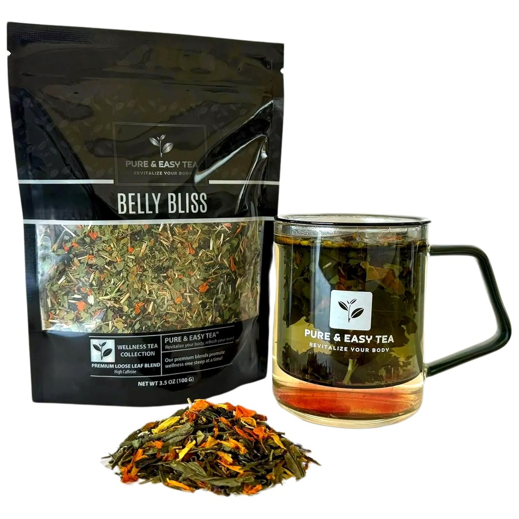 Καθαρό και εύκολο τσάι, Belly Bliss, Φυσικό Detox & Bloating Ανακουφιστικό τσάι, 100% Φυσικό χαλαρά φύλλα αδυσώπητο μείγμα με Yerba Mate, Dandelion Leaf, καφεΐνη, 30-Day Supply, 100g
