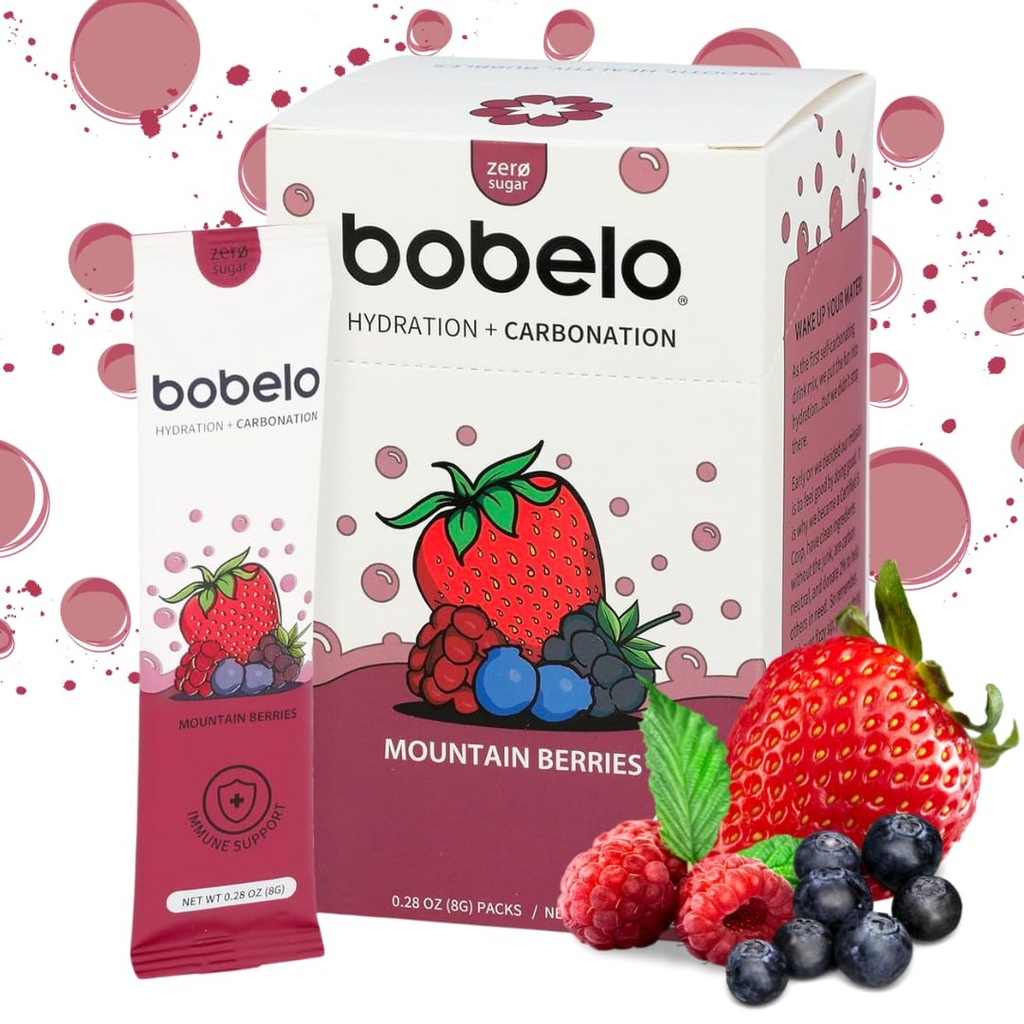 Bobelo Self Carbonating Hydration Packets | Low Calorie Drink Mix, Electrolytes Toz Packets | Keto Friendly, Sugar Free Water Advancedr | Soda & Sparkling Water Alternative | Dağ Berries(30ct)