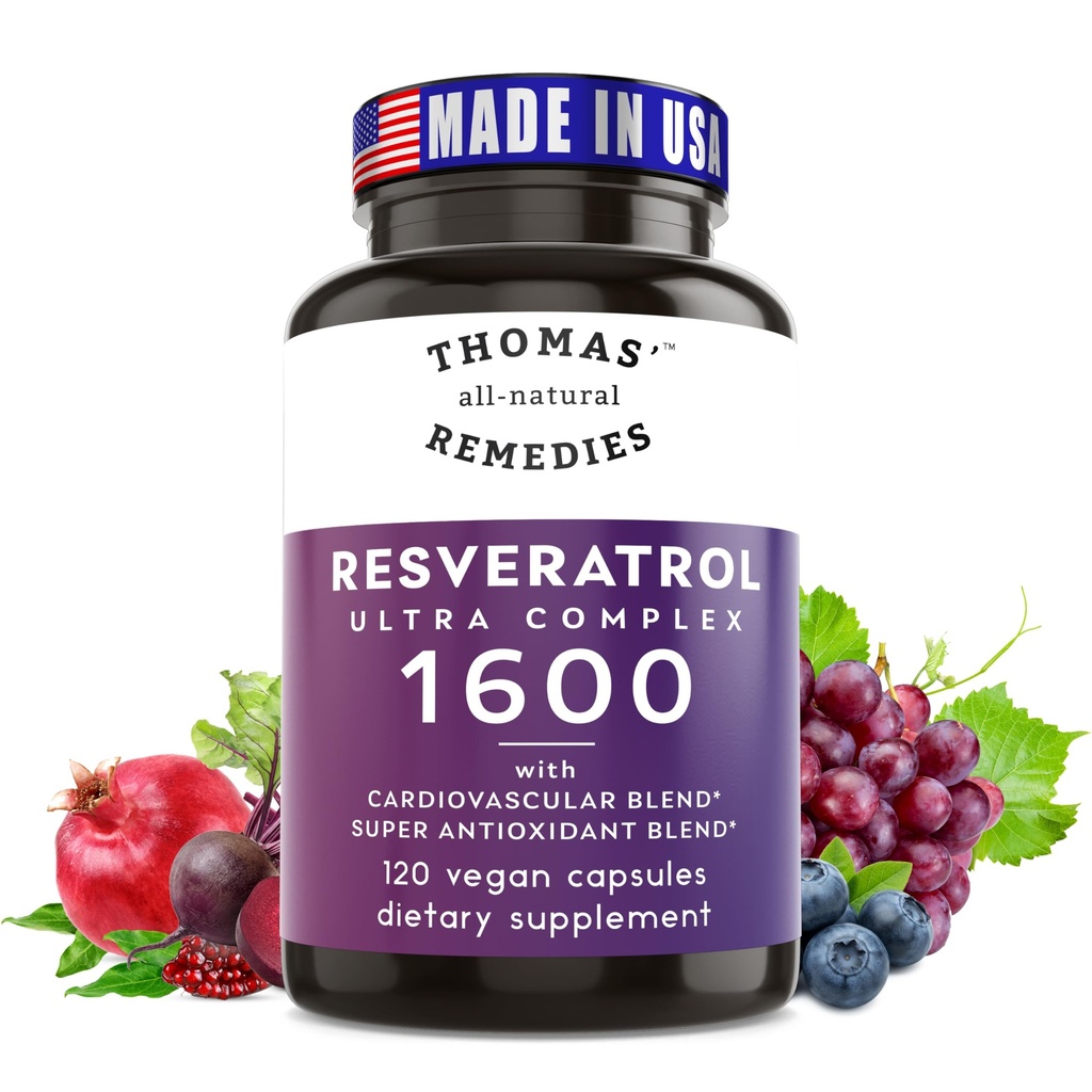 Thomas'ın tüm doğal Remedies Resveratrol 1600 mg Organik Trans-Resveratrol Antioksi Supplement with Organic Grape Seed and Quercetin- Anti-Aging and Cardiovascular Support- 120 Capsules