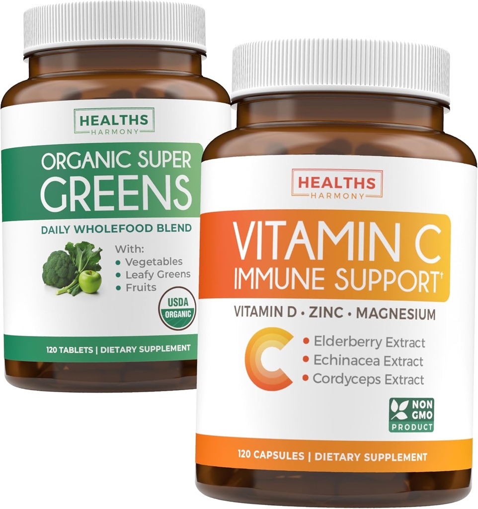 Super Greens & Vitamin C (2-Month Supply) Super C Greens Bundle of Organic Super Greens Powder - Complete Superfood (120 Capsules) & & Vitamin C Immune Support (120 Vegetarian Capsules)