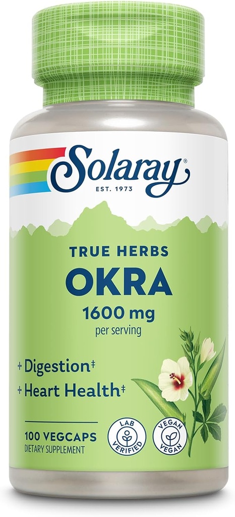 SOLARAY Okra Meyve 1600 mg - Sağlık Desteği için Yüksek Fiber Supplement - Zengin Plastik Fiber Kaynağı - Servis başına 6.4 g Fresh Okrasi, Vegan, 60 Günlük Garanti - 25 Hizmet, 100 VegCaps