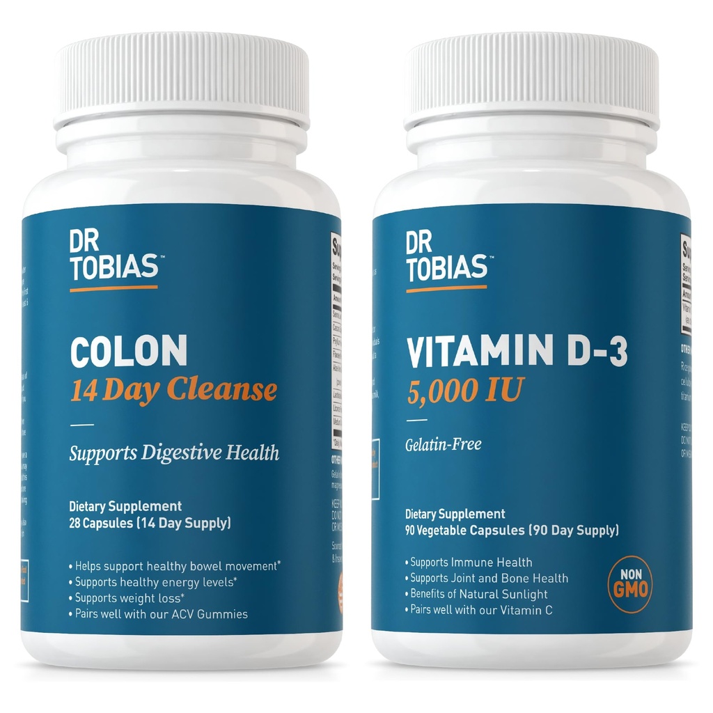 Dr. Tobias Colon 14 Day Cleanse and Vitamin D3 5000 IU Support General Health, Immune System and Digestive System. No-GMO Gut Men & Women için Temiz ve Vitamin.