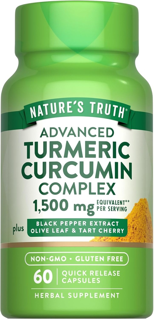 Nature's Truth Turmeric Curcumin 1500 mg | 60 Capsules | Black Pepper Extract, Olive Leaf & Tart Cherry | Non-GMO & Gluten Free Supplement